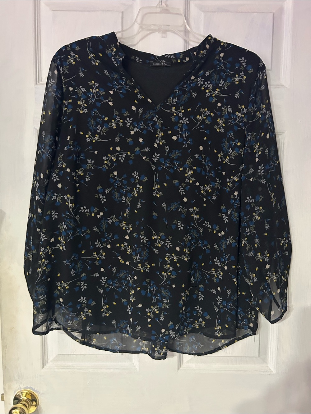 Papermoon Black Sheer V-Neck Blouse with Blue & Yellow Floral